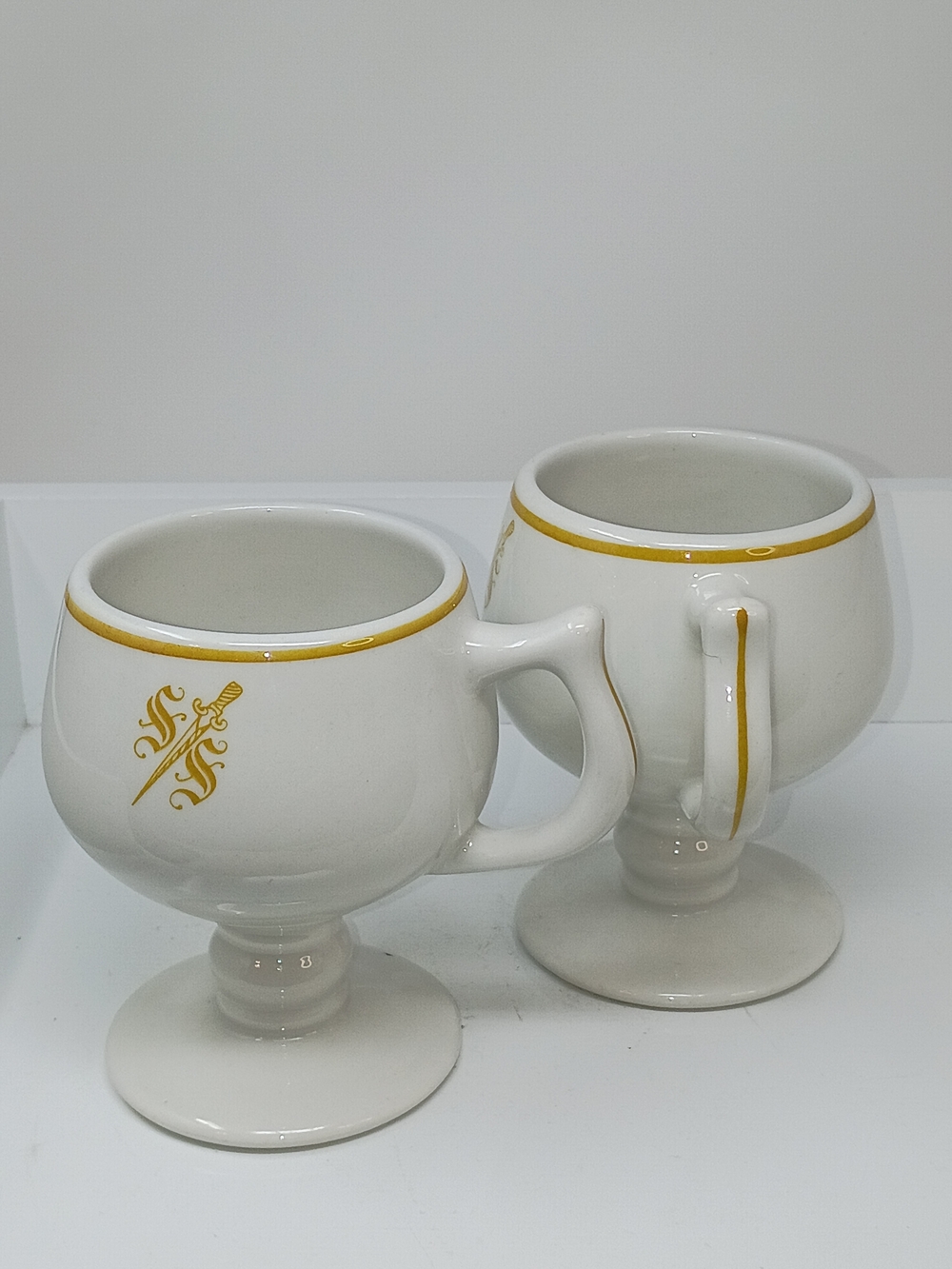 Sterling China, White Ceramic Pedestal Mugs with Gold Trim & Emblem - Set of 2 - Picture 4 of 12
